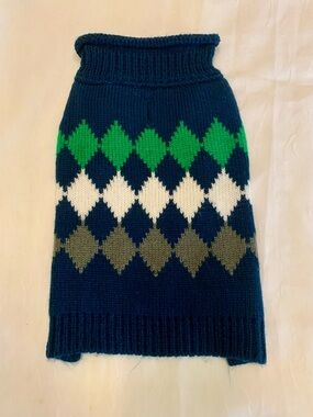 Worthy dog Navy Argyle Knit Dog Sweater with Green, White and Olive Diamonds